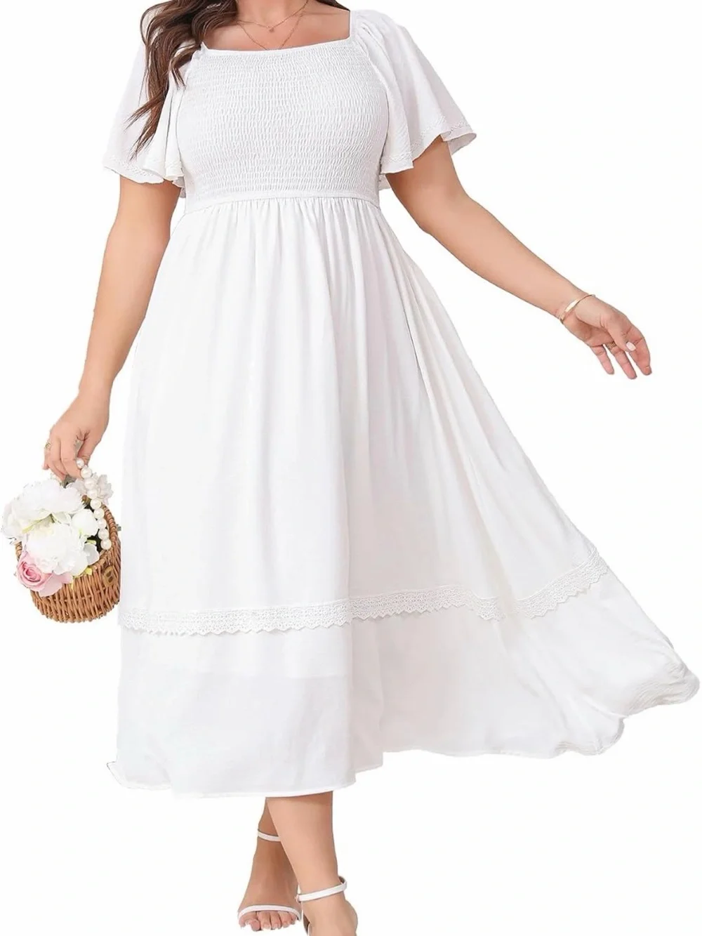 Women’s 1X White Smocked Square Neck Maxi Dress with Lace Trim - Picture 1 of 2